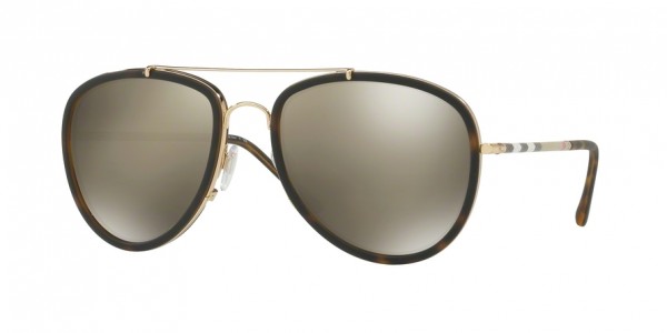 Burberry BE3090Q 10525A Brushed Gold/Mt Dark Havana Frame/Light Brown Mirror Dark Gold Lens, Size 58mm Sunglasses